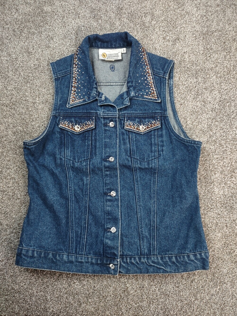 Christine Alexander Vest Women Small Blue Denim Swarovski Crystal Bling Sparkle